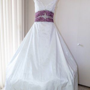 Impressions Bridal, Silk White Wedding Dress with Purple Bow